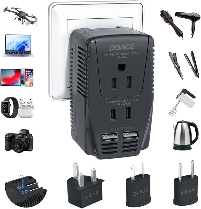 Upgraded 2000W Voltage Converter US to Europe -220V to 110V Converter for European Travel for Hair Dryer Straightener, 2300W Power Converter Adapter Combo with Dual USB for Tablet Camera Cell Phone