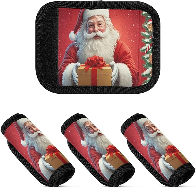Christmas Santa Claus 2 Pack Neoprene Suitcase Wraps, Luggage Handle Wraps with ID Tag, Non-Slip Suitcase Handle Covers for Travel, Bag Strap Pad