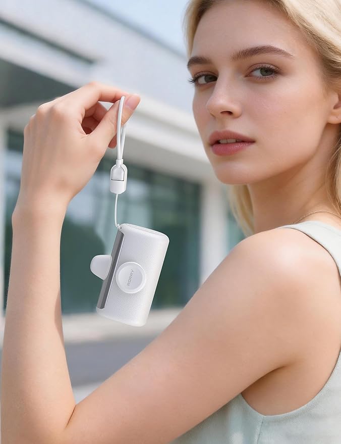 RORRY PalmGo Portable Charger, 10000mAh PD 22.5W Fast Charging Mini Power Bank with Built-in USB C Connector, 3-in-1 Battery Pack for iPhone 17/16/15 Pro/Max, Apple Watch Ultra/11/10/SE, iPad, White
