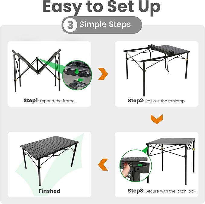 Join Nature Portable Outdoor Camping Table Large for 2-6 Person - Foldable Camp Table with Aluminum Roll-Up Top & Carry Bag for BBQ, Tailgating, Backyard, 220 Lbs Capacity, Stable & Sturdy (Black)