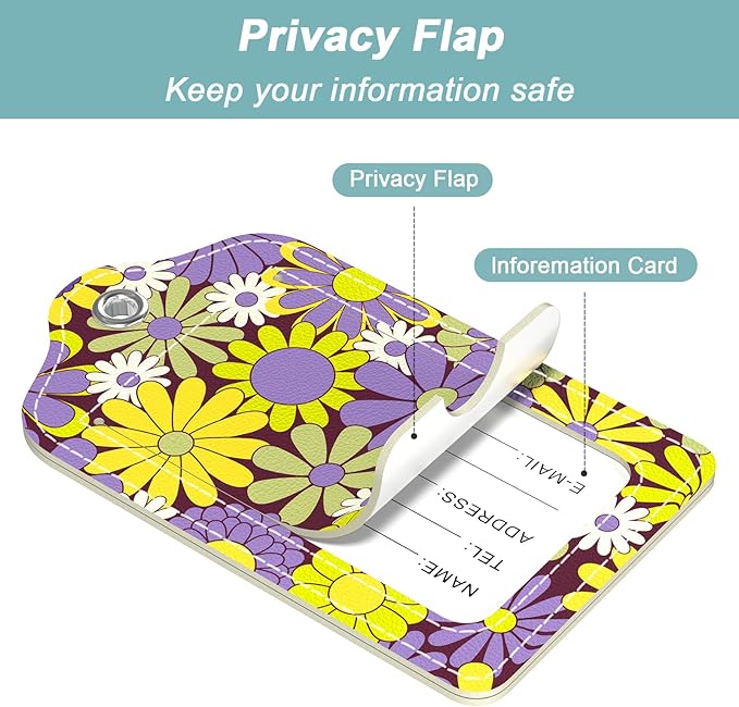 Rimilak 3 Pcs PU Leather Luggage Tags for Suitcase, Travel Cruise Luggage Tag with Privacy Flap, Name ID Label and Metal Loop for Women Men Baggage Handbag School Bag Backpack, Small Flower