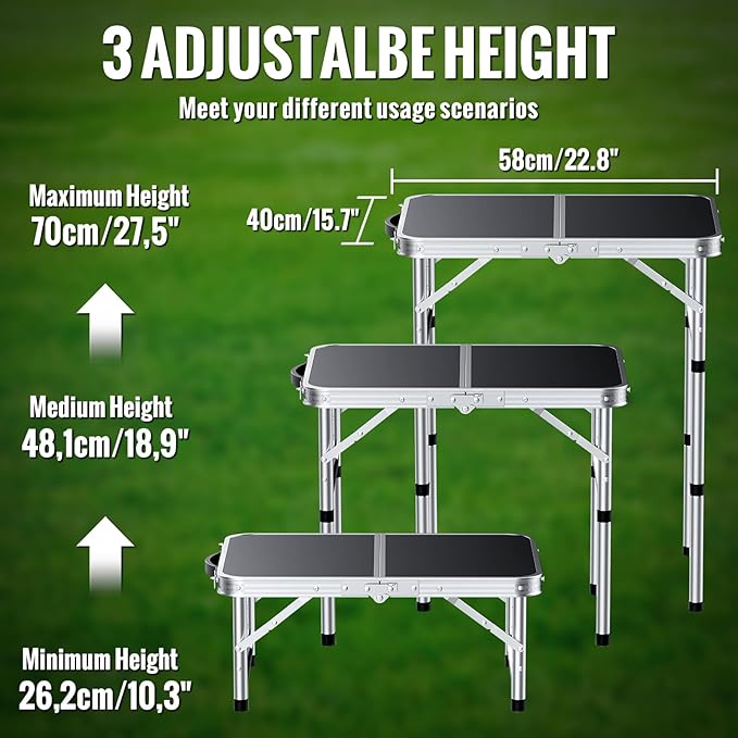 GARLLEN 2ft Folding Camping Table, Portable Folding Picnic Table with 3-Height Adjustable, Lightweight Aluminum Outdoor Tables for BBQ, Camping, Cooking, 22.8" L x 15.7" W, Silver