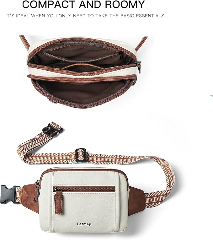 LATMAP 3L TRIPLE ZIP Fanny Packs Belt Bag For Women Men Crossbody Waist Pack Sling Chest Bum Travel Bag Purse Faux Leather Fashion Cute Beige