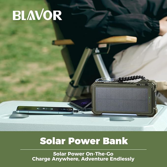 BLAVOR Solar Power Bank 20000mAh Built-in Cables, Wireless Charger for Phones & Apple Watch, 20W Fast Charging Battery Pack with USB C, Flashlight, Solar Charger for iPhone, iPad, iWatch, Samsung