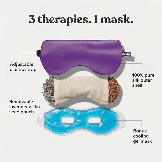ASUTRA Silk Eye Pillow for Sleep, Purple - Filled w/Lavender Buds & Flax Seeds, Weighted Eye Mask, Meditation & Light Blocking Blindfold, Cooling Gel Mask Included