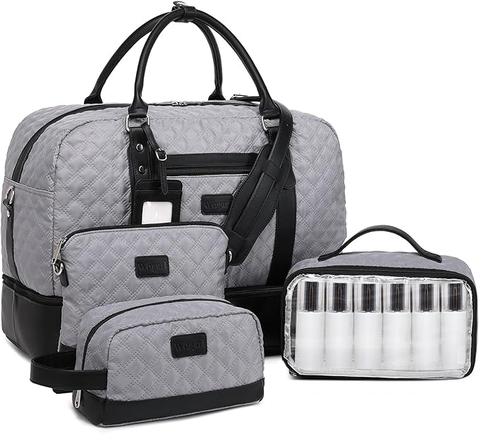Wogarl 4PCS Weekender Bags for Women Large Overnight Weekend Travel Duffel Carry on Shoulder with Shoe Compartment Canvas Toiletry Bag for Travel Business Gym