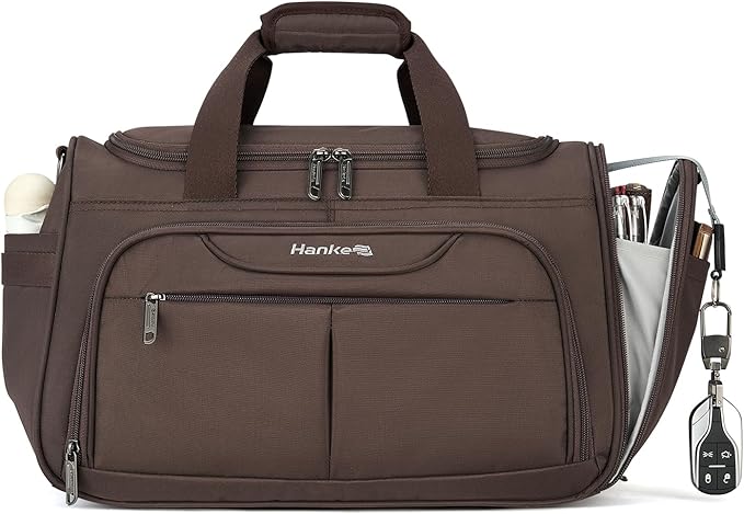Hanke Small Travel Duffel Bag, Under Seat Carry On Personal Item Bag with 11 Pockets, Lightweight Water Resistant Foldable Weekender Bag with Trolley Sleeve for Travel Gym Daily Use（Coffee）