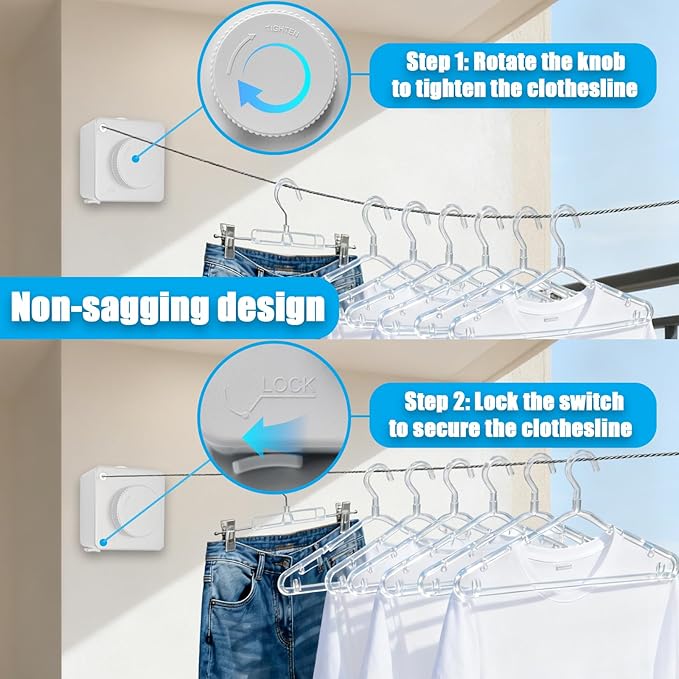 Retractable Clothesline Indoor & Outdoor, 16.2 Feet Stainless Steel Washing Line, Non-Sagging Wall Mounted Heavy Duty Laundry Line, Easy Installation Space-Saving Clothing Dry Rack (White)
