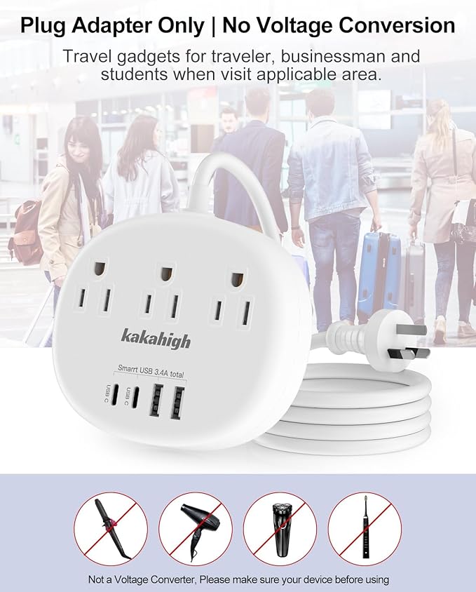 Australia Power Plug Adapter, New Zealand Power Adapter with 3 American Outlets 4 USB Ports (2 USB-C) Total 24W, Type I Plug Adapter for USA to Australia, Argentina, China, 4FT