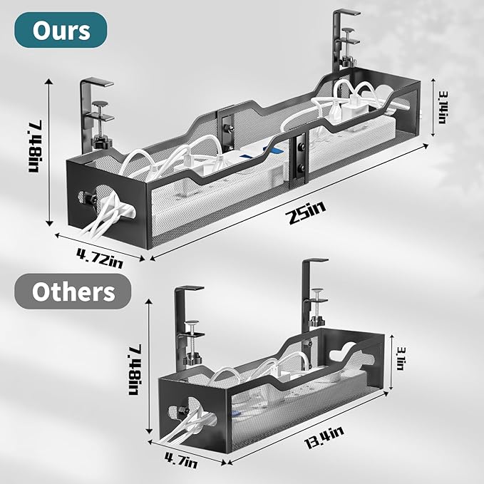 Under Desk Cable Management Tray Black, Litwaro Cable Management Under Desk No Drill, 25'' Cable Tray with Clamp for Wire Management, Cord Organizer for Office, Home - No Damage to Table