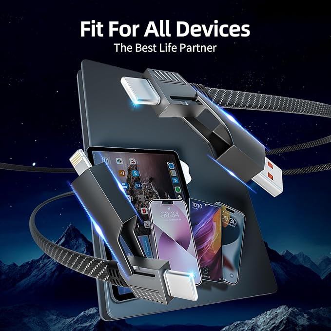 4 in 1 Charging Cable Fast Charging 65W, USB C Cable 4-in-1 USB Multi Charging Cable with E-Mark Chip, Multiple iPhone Charger Cord for iPhone 17-12 Series/Pad/Android/Tablets More, Carplay Cable(4FT)
