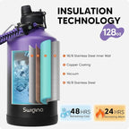 Swigina [2-IN-1 LID] Gallon Insulated Water Bottle with Silicone Boot (48hrs Cold/24hrs Hot) - DIY Stickers, Leakproof, BPA Free, 128 oz