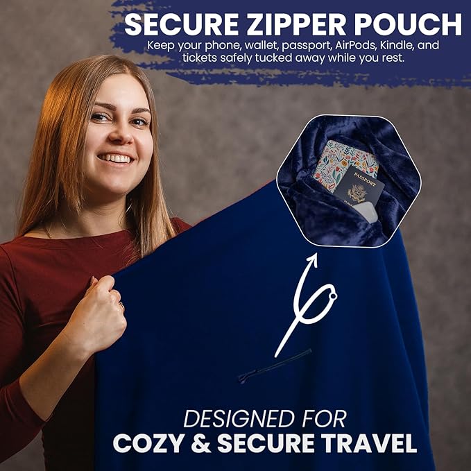 Cloud 9 Airline Travel Blanket Compact with Bag, Airplane Blanket for Long Flight, 3 in 1 Neck Pillow, Lumbar Support, Premium Airplane Accessories, Security Pouch, 300 GSM, Polyester Fleece