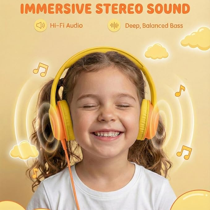 ADOOPE Wired Kids Headphones with USB C Plug, 85dB Safe Volume, Adjustable Headband, Tangle-Free Cord Headphones for School, Tablet, Travel (Yellow & Orange, with Microphone)