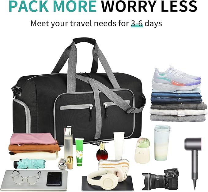 Dimayar 40L Travel Duffle Bag for Men Women - Foldable Duffel Bag with Shoes Compartment - Overnight Bags Waterproof & Tear Resistant(Black)