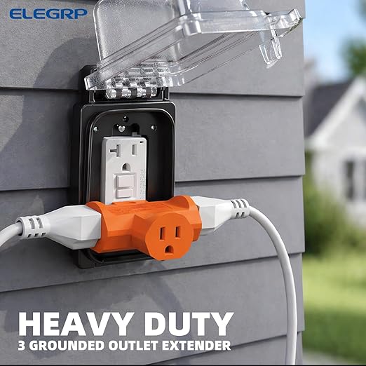 ELEGRP 3-Prong Heavy Duty Power Extender to Triple Outlet in T Direction, Multi-Directional Grounded Wall Tap Outlet Extender with 3 Prong Plug-in, 15-Amp, 125-Volt, ETL Listed, 3 Pack, Orange