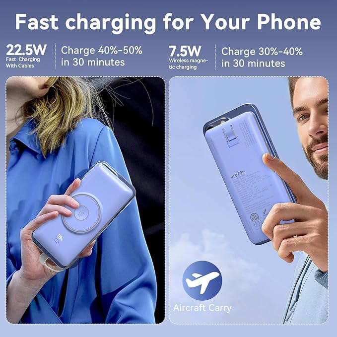 Magnetic 10000mAh Portable Charger for iWatch & iPhone, PD Fast Charging Wireless Power Bank Built-in Cables and Wall Plug, External Travel Battery Pack Compatible with iOS Android Phones