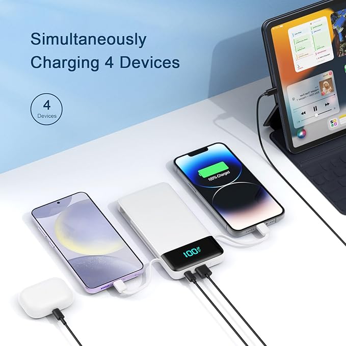 Portable Charger with Built in Cables and Wall Plug, 13800mAh USB C Fast Charging Power Bank for Travel Essentials, LED Display Battery Pack Compatible with iPhones, iPad, Samsung More Devices(White)