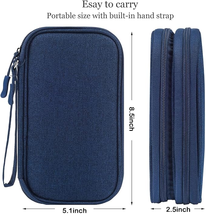 CAAORDKSO Electronic Organizer Travel Cable Accessories Bag, Double Layer Tech Pouch Accessories Carry Case, Travel Essentials for Cable, Cord, Charger, Phone, Power Bank, Earphone (Navy Blue, Large)