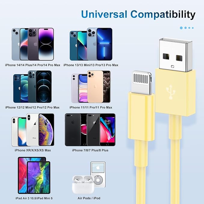 3 Pack Apple MFi Certified Charger Cable 3ft, Lightning to USB Cable Cord 3 Foot, 2.4A Fast Charging,Apple Phone Long Chargers for iPhone 13/12/11/11Pro/11Max/ X/XS/XR/XS Max/8/7/6 Yellow
