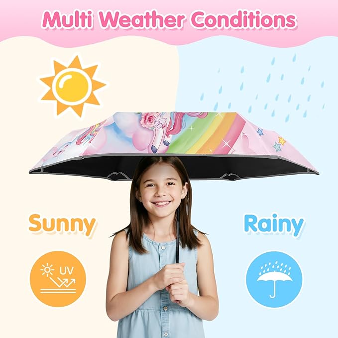 Kids Folding Umbrella Auto Open/Close Umbrellas for Rain Round Corner Safe Design UV Resistant Automatic Children Travel Umbrellas Reinforced Canopy 360° Reflective Strip Lightweight for Girls & Boys