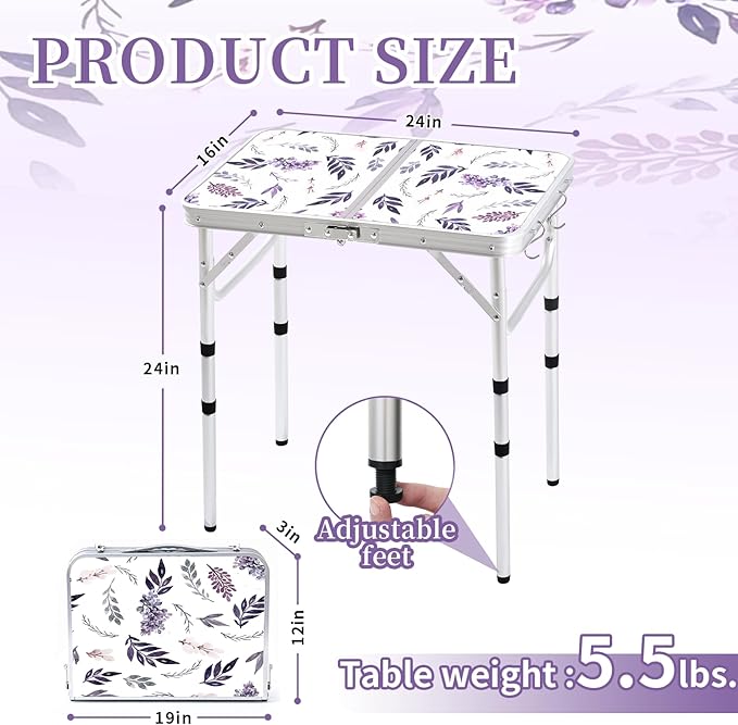 Yriuat Folding Camping Table 2ft Portable Pinic Table Adjustable Height Small Card Table Aluminum Foldable Lightweight with Carry Handle for Outdoor Indoor Hiking Camp BBQ Beach (Misty Lilac)