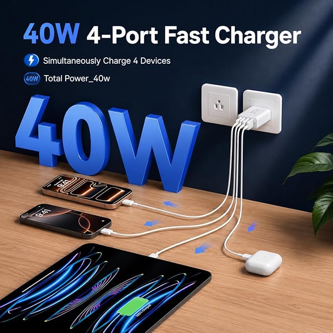 USB C Wall Fast Charger Block, 40W 4-Port Type C Charger Fast Charging Blocks PD Power Charger Adapter+QC 3.0 USB Multiport Charger Brick for iPhone 17/16/15/14/13/12 Pro Max, iPad, Galaxy S25-2Pack