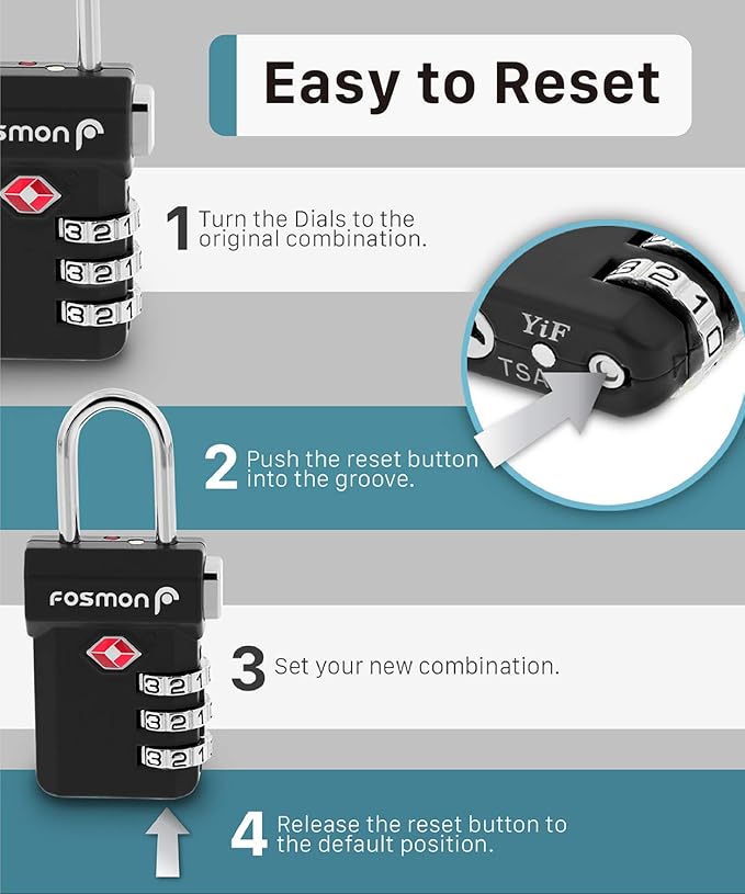 Fosmon TSA Approved Luggage Locks, Suitcase Travel Lock with Push Release Button for Extra Security, 3 Digit Combination Padlock for Gun Case Backpack Zipper Anti Theft Gym Locker - Black