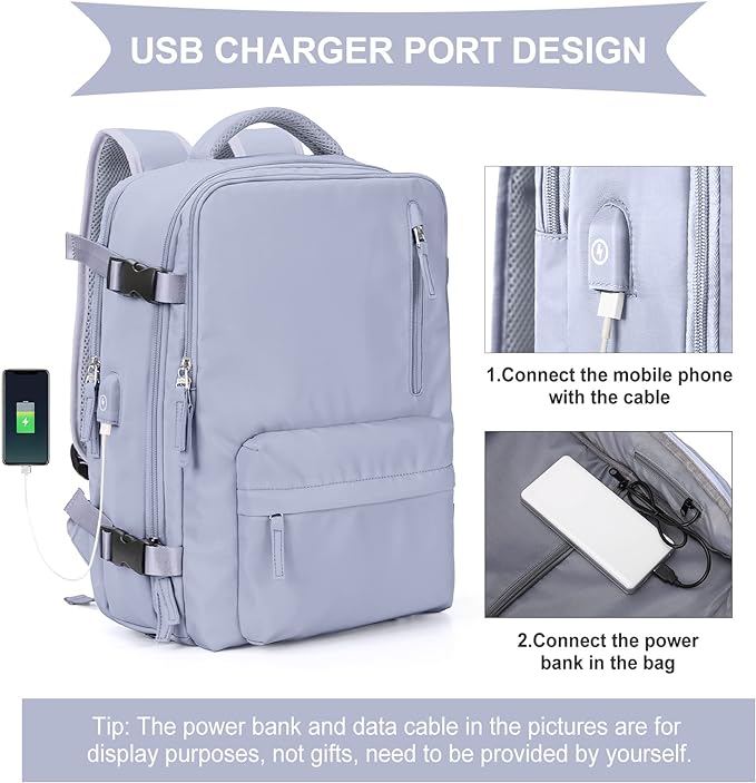 WONHOX Large Travel Backpack Women, Carry On Backpack, Hiking Backpack Waterproof Outdoor Sports Rucksack Casual Daypack with USB Charging Port Shoes Compartment, Taro Purple