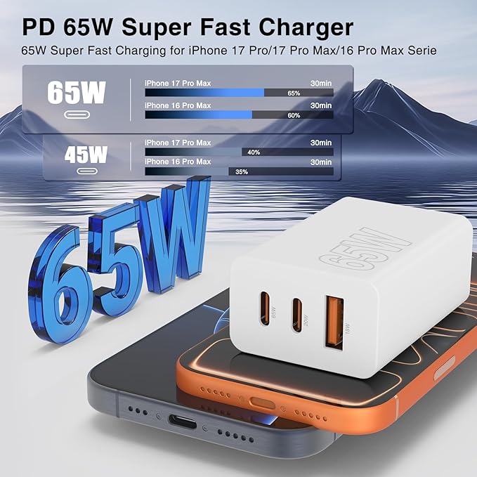65W Super Fast Charging USB C for iPhone 17 16 Pro Max,3 Port 100W USB C Charger Block & 3/6/6/10FT Braided Type C Cord for iPhone 17 16 Pro,iPhone 15 Pro Max,for Samsung S26 Ultra/MacBook Air-Black