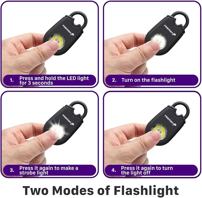 Fosmon Personal Alarm for Women (2-Pack), Self Defense Protection Keychain Safety Sound Siren 125DB with Strobe Light LED Flashlight Carabiner, SOS Emergency Security Alert Device for Kids Elderly Men
