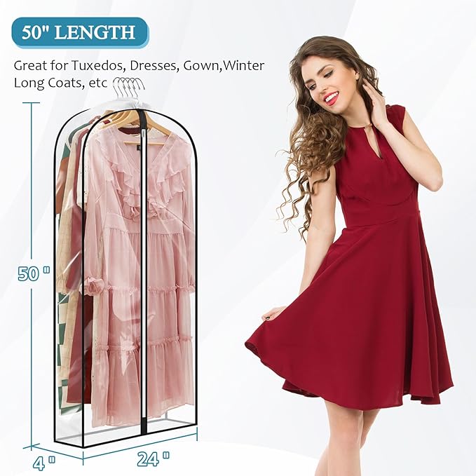 50" All Clear Garment Bags for Hanging Clothes, 4" Gusseted Suit Bags for Closet Storage, Plastic Garment Covers with Zipper for Coats, Jackets, Shirts, 4 Packs
