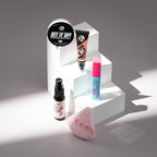 W7 On the Go Cuties Set - Mini Makeup Essentials with Primer, Mascara, Setting Spray, Loose Powder & Powder Puff - Travel Size Beauty Favourites