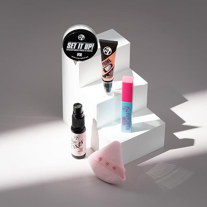 W7 On the Go Cuties Set - Mini Makeup Essentials with Primer, Mascara, Setting Spray, Loose Powder & Powder Puff - Travel Size Beauty Favourites