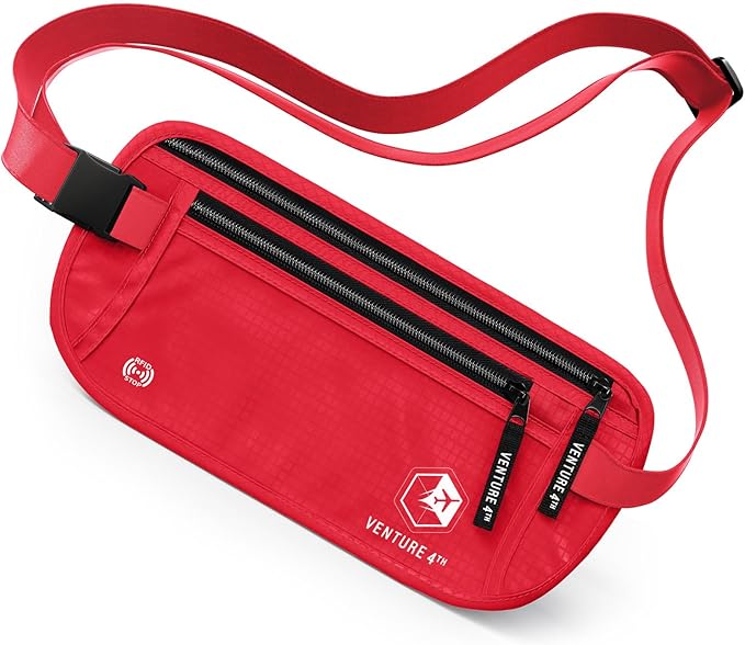 VENTURE 4TH Money Belt for Travel – Slim Hidden Under-Clothes RFID Blocking Anti-Theft Passport Holder & Travel Wallet Pouch for Men & Women to Protect Cash, Cards & Documents (Red)