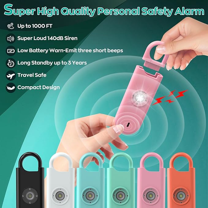 Fauxomor 140dB Personal Safety Alarm for Women, 3 Pack Safe Alarm Protection Keychain with Strobe Light & Low Battery Notice, Security Siren Self Defense for Seniors College Girls, Pink+Blue+Black