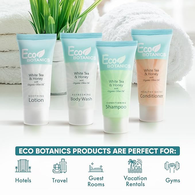 Travel Size Hotel Toiletry Set 80 Count 0.85 oz Bottles Guest Amenities for Vacation Rentals and Short Term Rentals Paraben Free White Tea Scent Infused with Aloe and Olive Oil by Eco Botanics