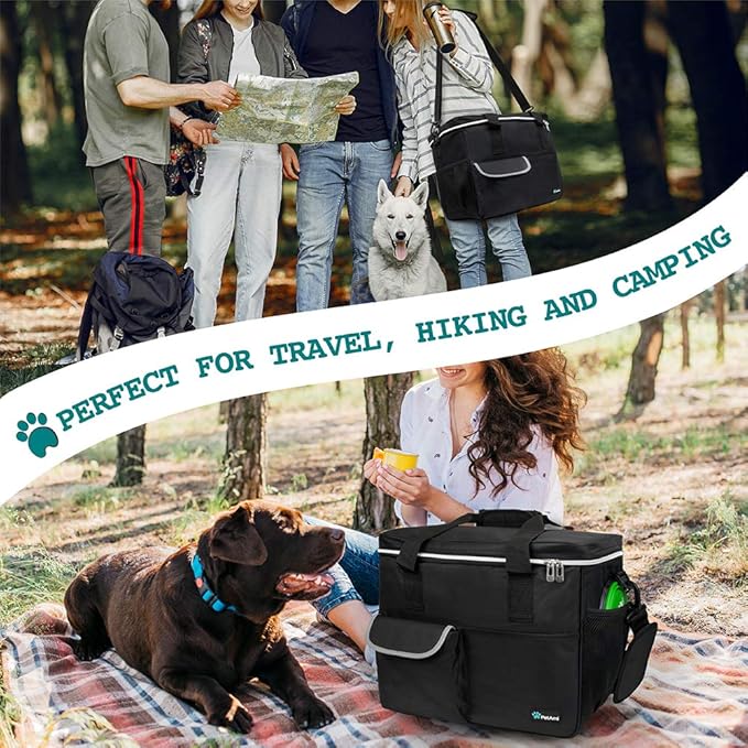 PetAmi Dog Travel Bag, Travel Pet Bag Organizer, Dog Food Travel Bag with Container Collapsible Bowls, Pet Travel Supplies Gift Accessories for Weekend Camping, Puppy Cat Diaper Bag, Black Large
