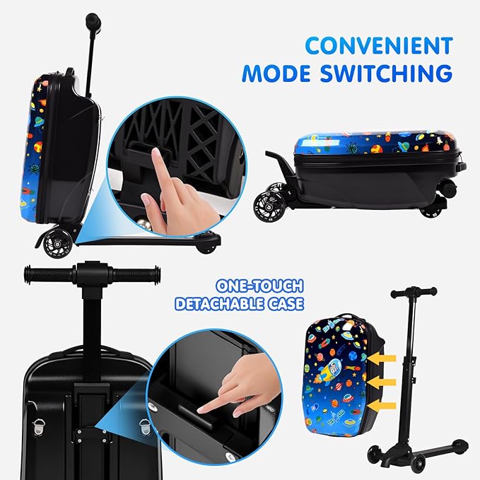 smilesun 4-in-1 Detachable Scooter Luggage for Kids & Teens, Foldable Hardside Ride On Suitcase with Wheels, Stylish and Safe Design(Navy)