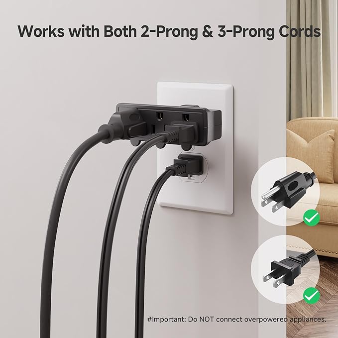 [ETL Listed] Cable Matters 2-Pack 3-Outlet Grounded 180 Degree Swivel Wall Tap, 3 Plug Wall Adapter, Multi-Plug Outlets, Black