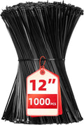 Zip Ties 12 inch, 1000 Pack Black Zip Ties, Self-Locking Nylon Cable Ties with 50 lb Tensile Strength,Wire Ties for indoor and outdoor use.