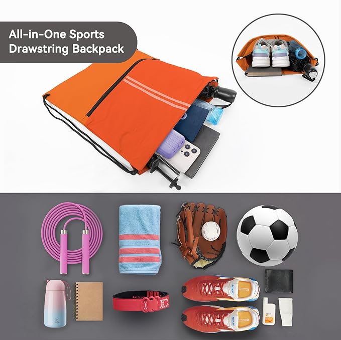 Drawstring Backpack Large Sports Draw String Bag for Women and Men (Orange)