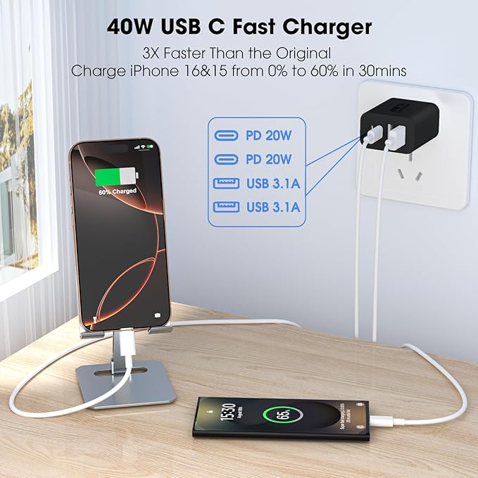 USB C Charger Block, 2 Pack 40W 4-Port iPhone Charger Fast Charging Multiport PD 3.0 & QC 4.0 Double Quick Charge, Compatible with iPhone 17/16/15/14/13/12/11，Pro Max，iPad, Samsung (2, Black)