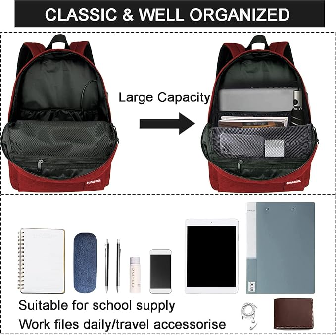 SUPACOOL Casual Laptop Backpack for Men and Women, Backpack with USB Charging Port(Garnet set)