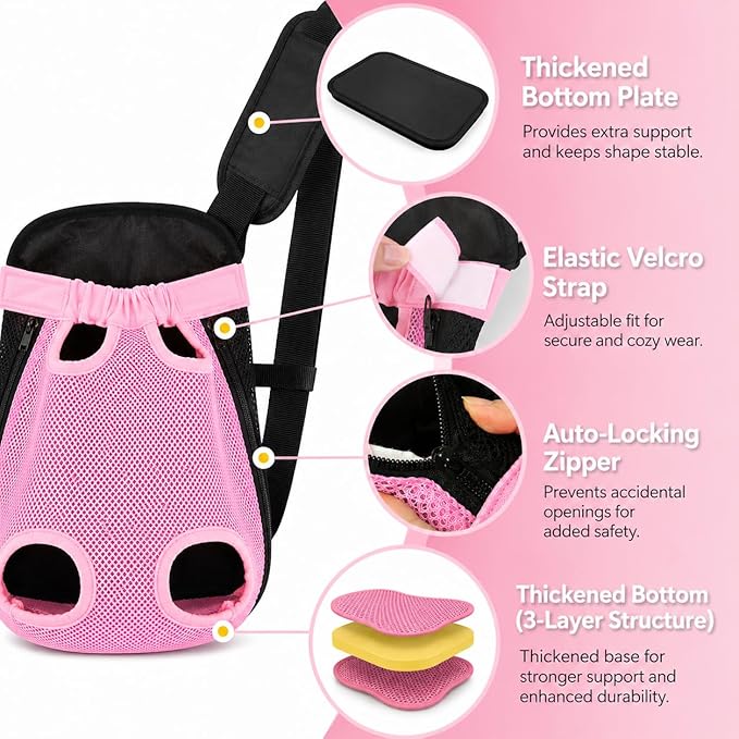 Pet Front Carrier for Small Dogs & Cats, Breathable Legs-Out Riding Carrier for Cycling, Walking & Outdoor Travel, Adjustable Hands-Free Pet Carrier Backpack, Pink