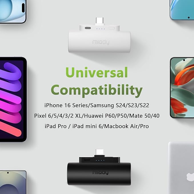 Miady 2-Pack 5000mAh Mini Portable Charger with Built-in Type C Connector, 5V 2.4A USB-C Output Fast Charging Small Power Bank Compatible with iPhone 17/16 Galaxy S24/S22 (Lake Green+Clove Purple)