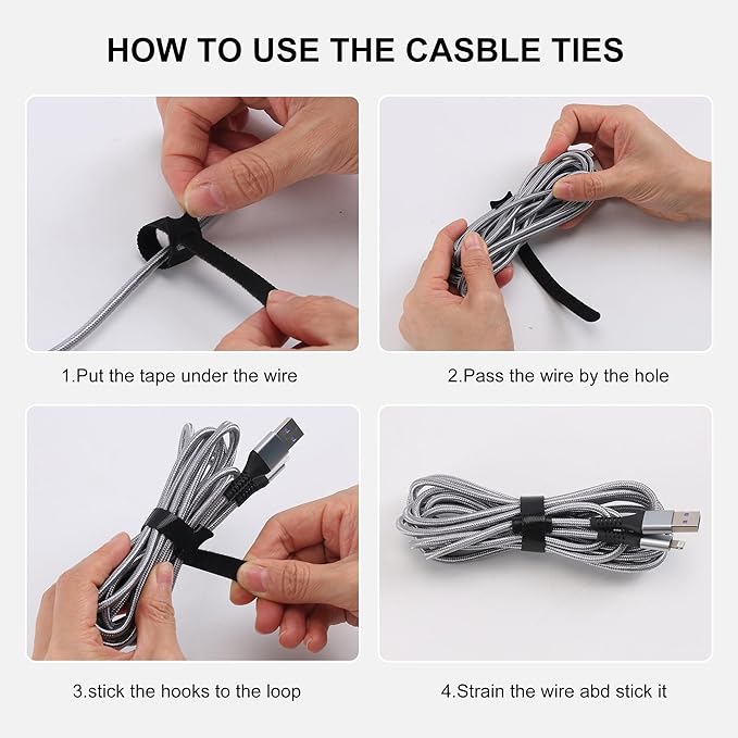 Nettbe Reusable Cable Ties, 126 PCS 8 Inches Adjustable Cord Straps Wire Organizer Cord Wrap and Hook Loop Cable Management