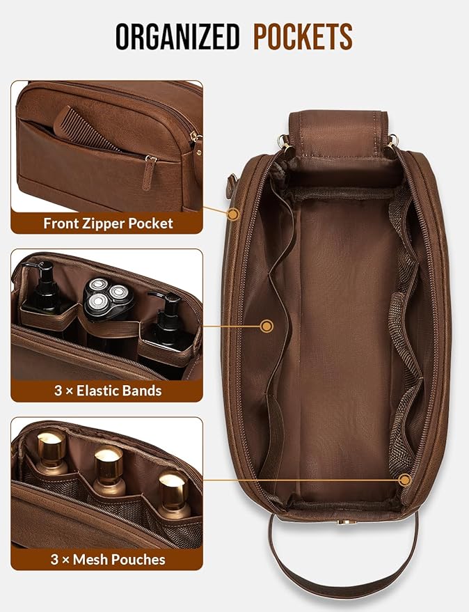 PU Leather Toiletry Bag for Men - Water Resistant Travel Bag for Toiletries, Bathroom Essentials, Accessories - Brown