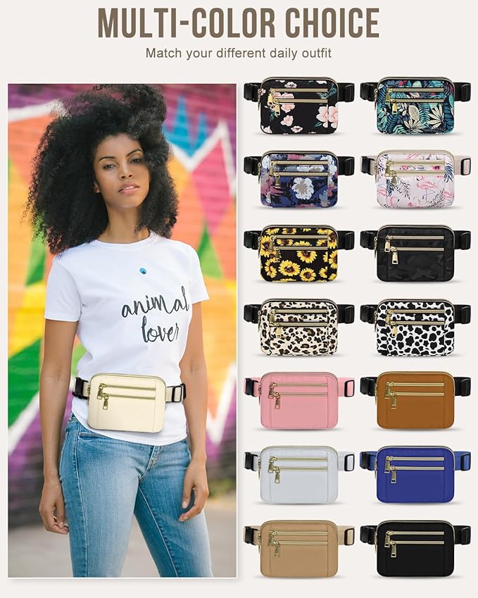 Capolo Fanny Packs for Women Fashion Waist Packs Bag with Adjustable Strap and 4 Zipper Pockets Waterproof Everywhere Crossbody Belt Bag for Workout Running Travelling(Ivory, Large)
