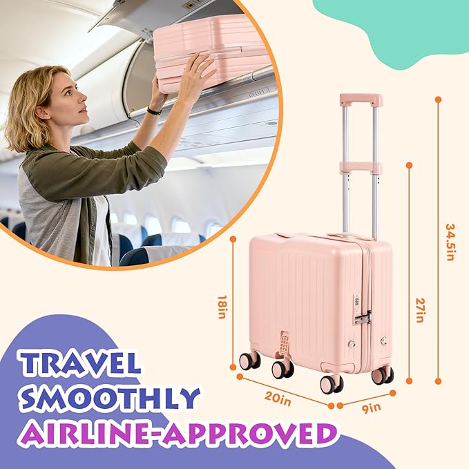 smilesun Kids Ride-On Luggage, 20" Hardshell Carry-On Suitcase with 6 Spinner Wheels, Foldable Pedal, Hidden Cup Holder & Combination Lock for Toddlers & Children (Light Pink, 20-inch)